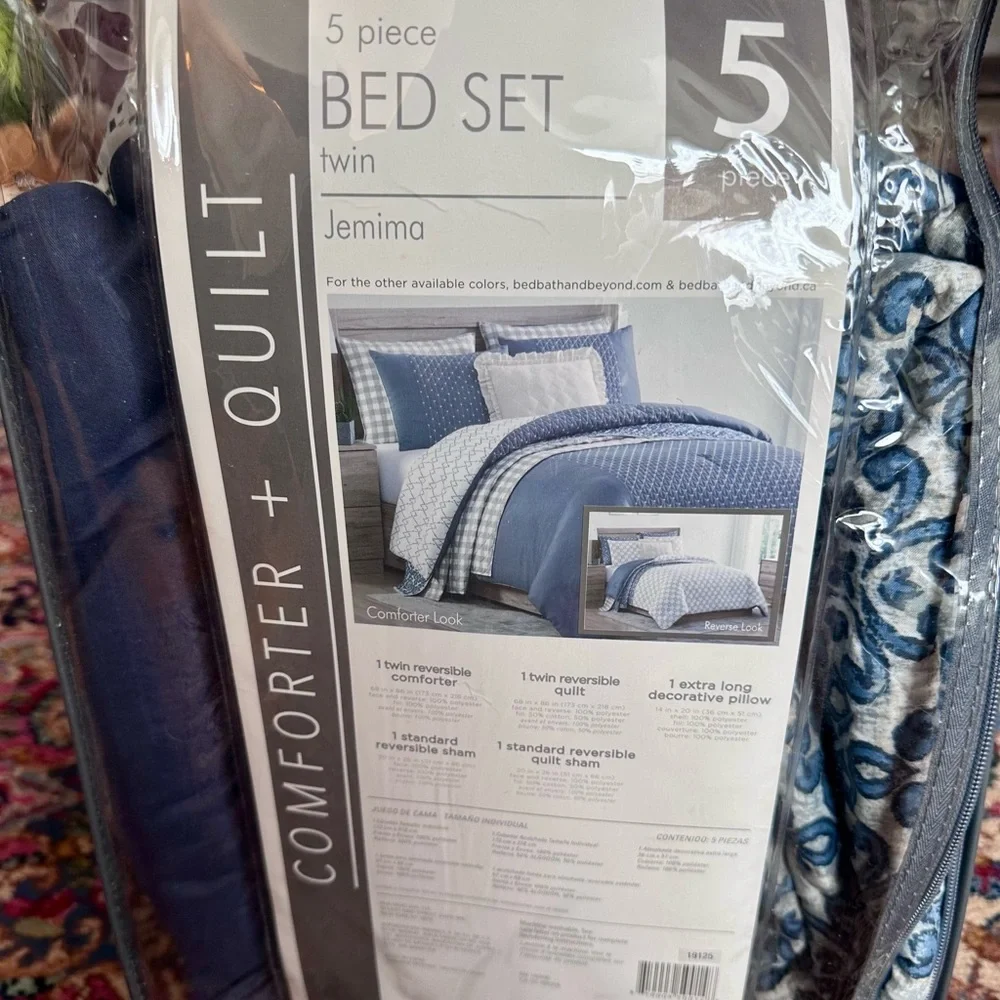 Reversible Comforter and Quilt Bedding Set-Blue, White, Taupe Pattern-Twin/T-XL